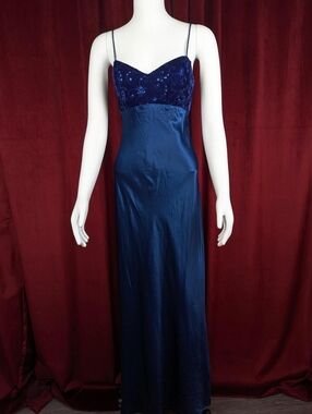 Vintage 90's Niki by Niki Livas Royal Blue Velvet Sequin Floral Satin Dress